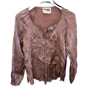 Savanna Jane Blouse Embroidered Aztec Long Sleeve Boho Hippie Satin Small